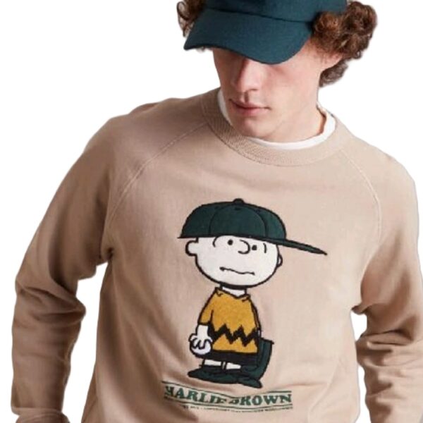Felpa Uomo Charlie Brown Peanuts Girocollo Beige 100% Cotone Embrodery